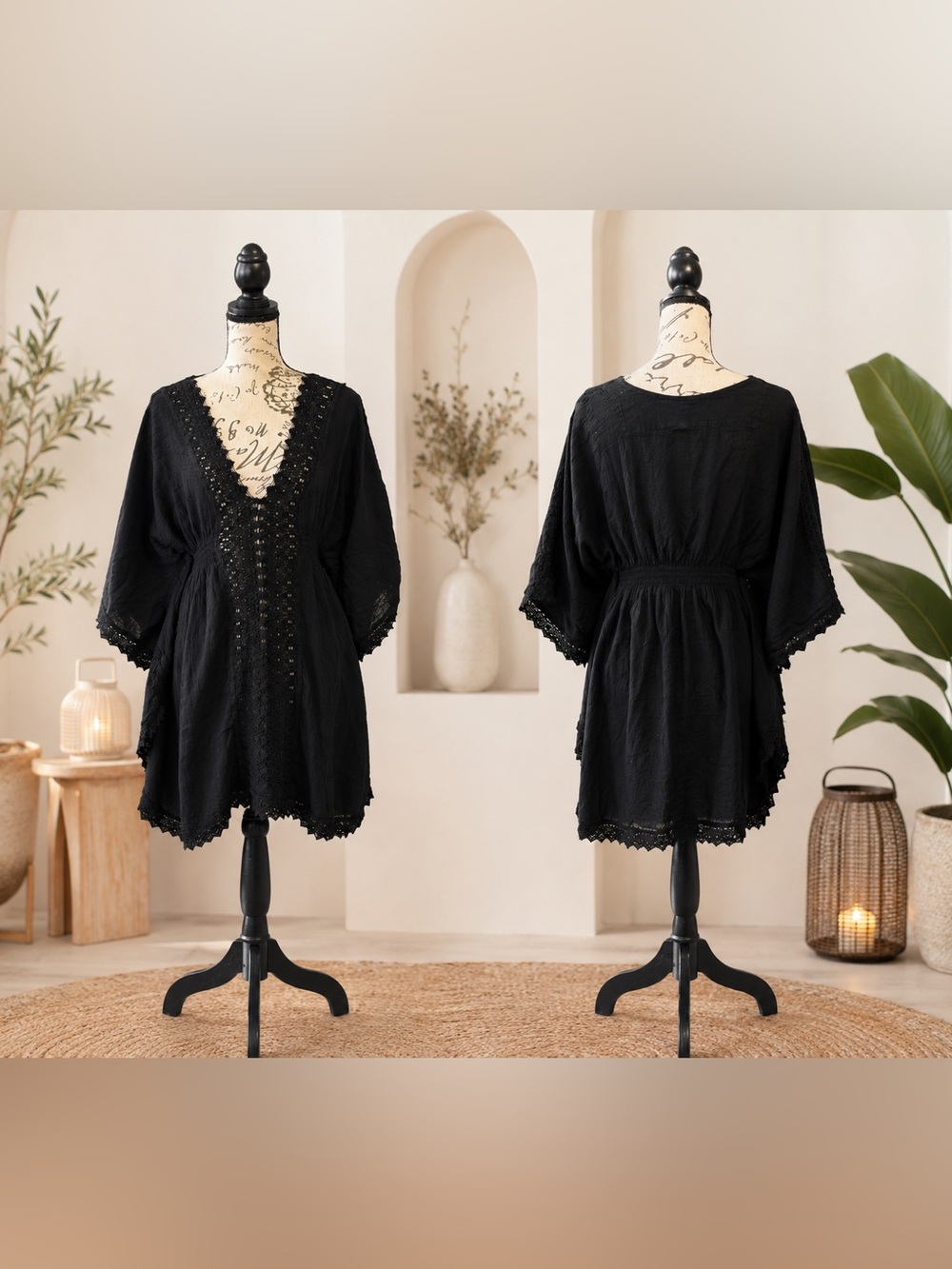 BLANCO 100% Cotton Boho Black Kimono Sleeve Tunic Dress Lace Accent Small - Picture 3 of 16
